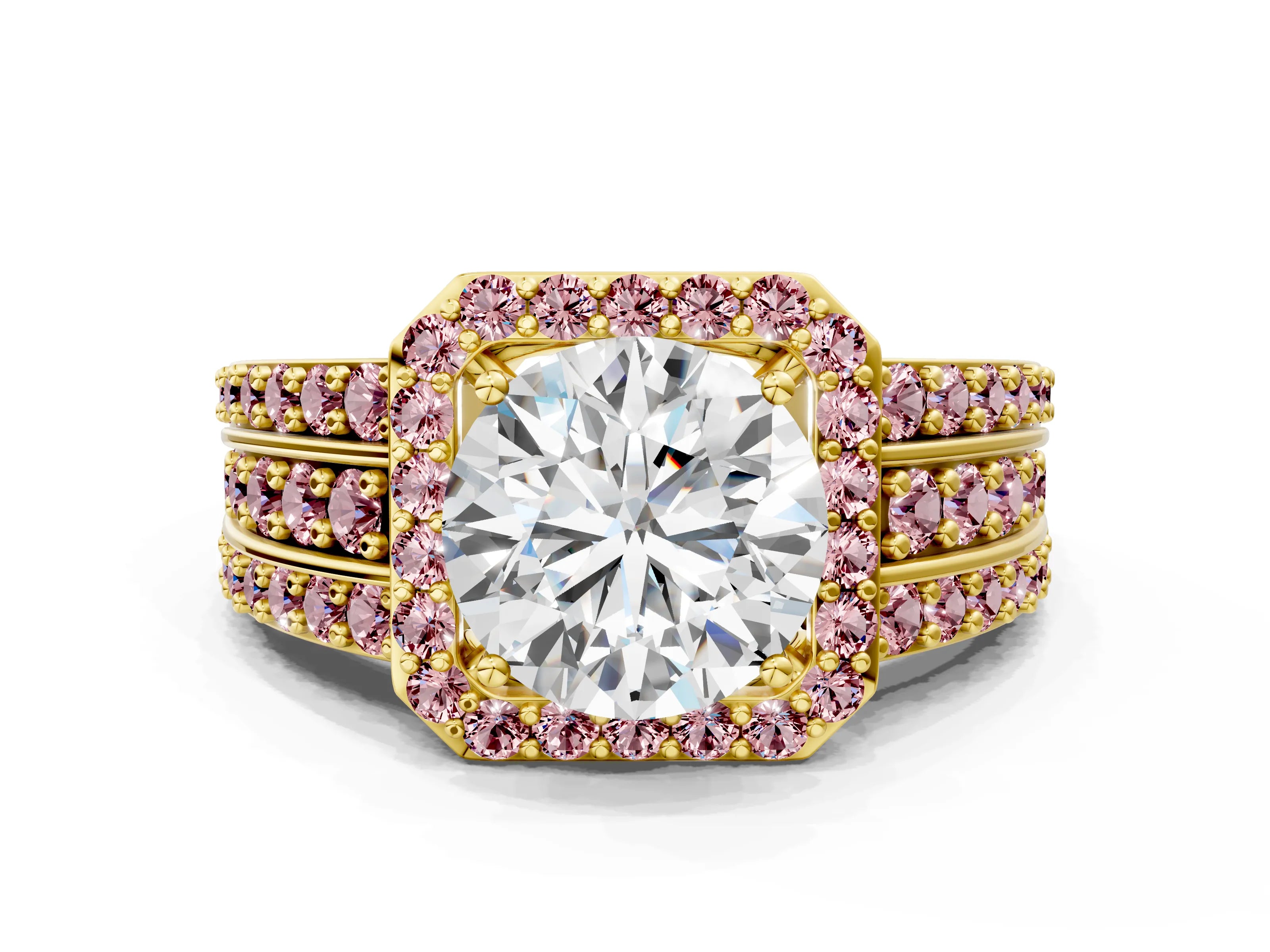 Yellow gold Round Cut Halo Diamond Ring with Round with Morganite side stone Split Shank and Prong Setting