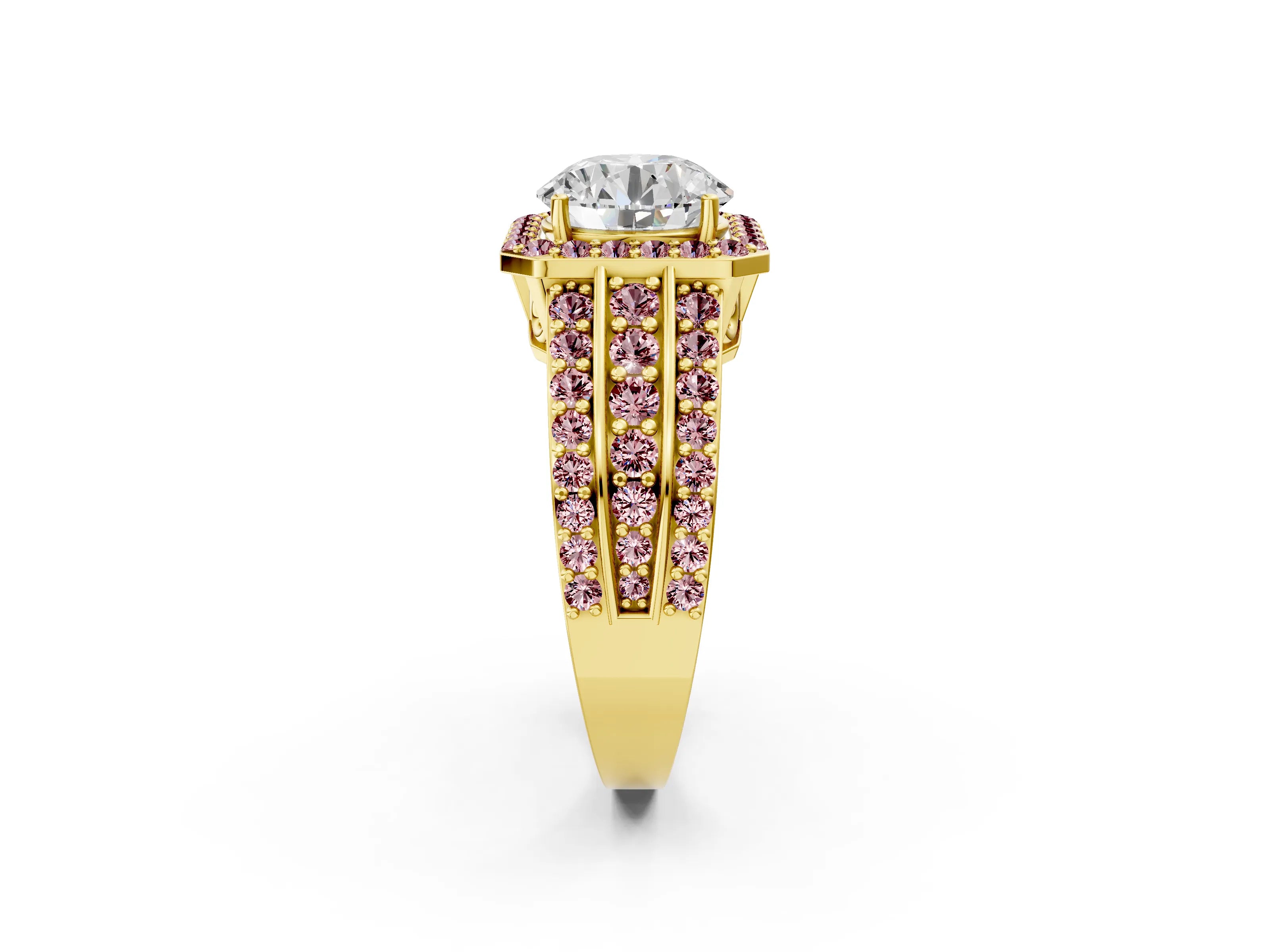 Yellow gold Round Cut Halo Diamond Ring with Round with Morganite side stone Split Shank and Prong Setting_2