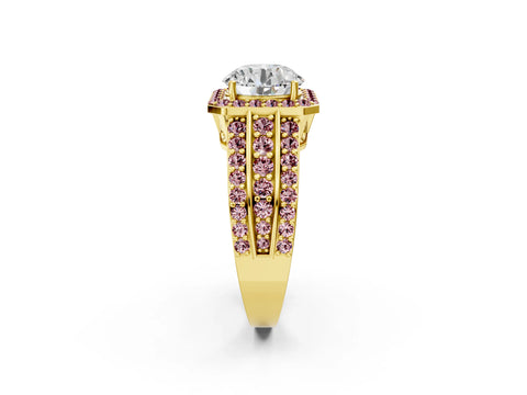 Yellow gold Round Cut Halo Diamond Ring with Round with Morganite side stone Split Shank and Prong Setting_2