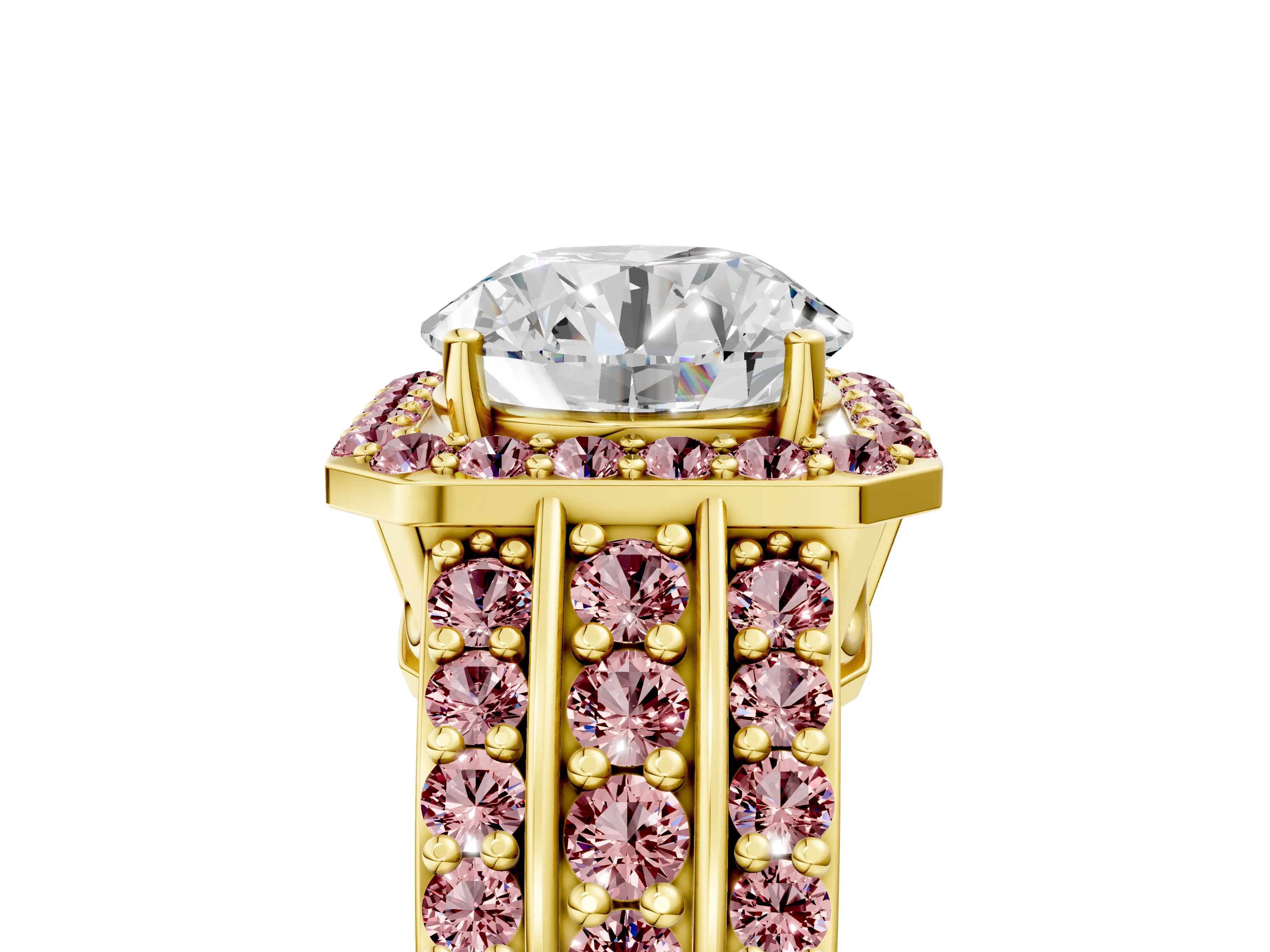 Yellow gold Round Cut Halo Diamond Ring with Round with Morganite side stone Split Shank and Prong Setting_5