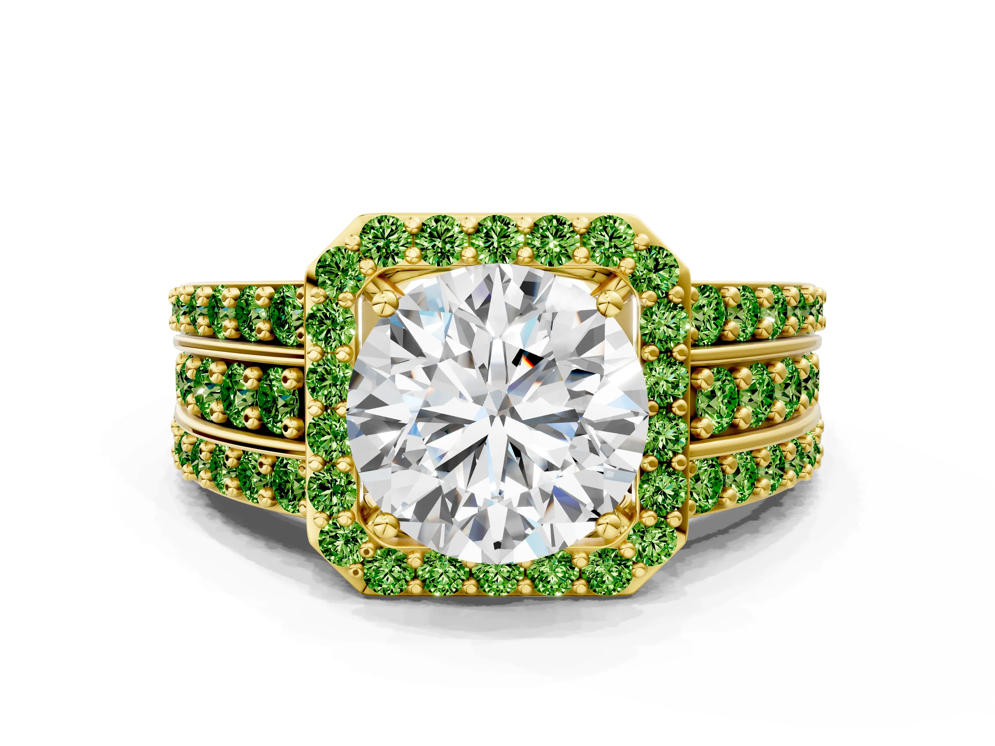 Yellow gold Round Cut Halo Diamond Ring with Round with Peridot side stone Split Shank and Prong Setting