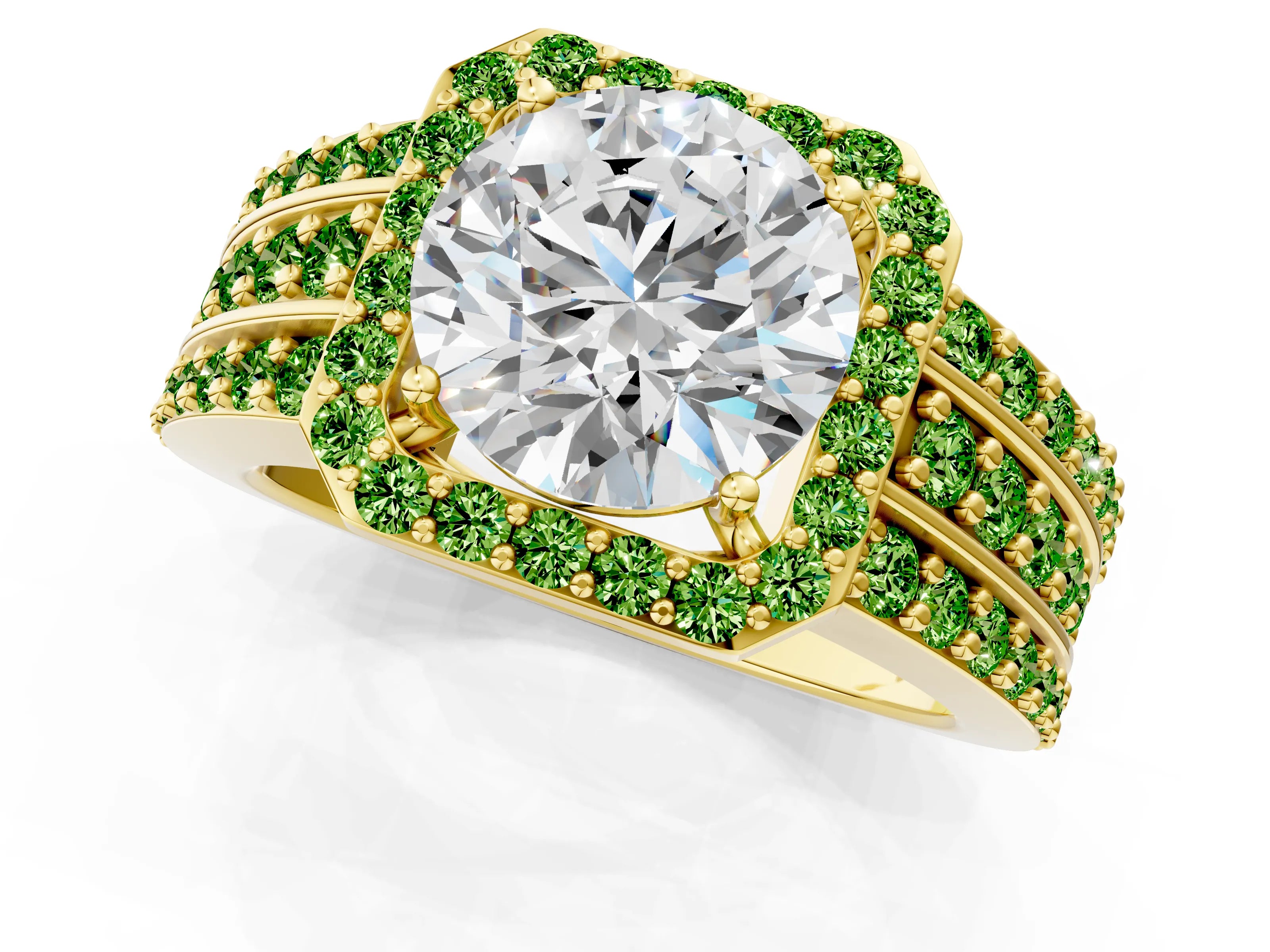Yellow gold Round Cut Halo Diamond Ring with Round with Peridot side stone Split Shank and Prong Setting_1