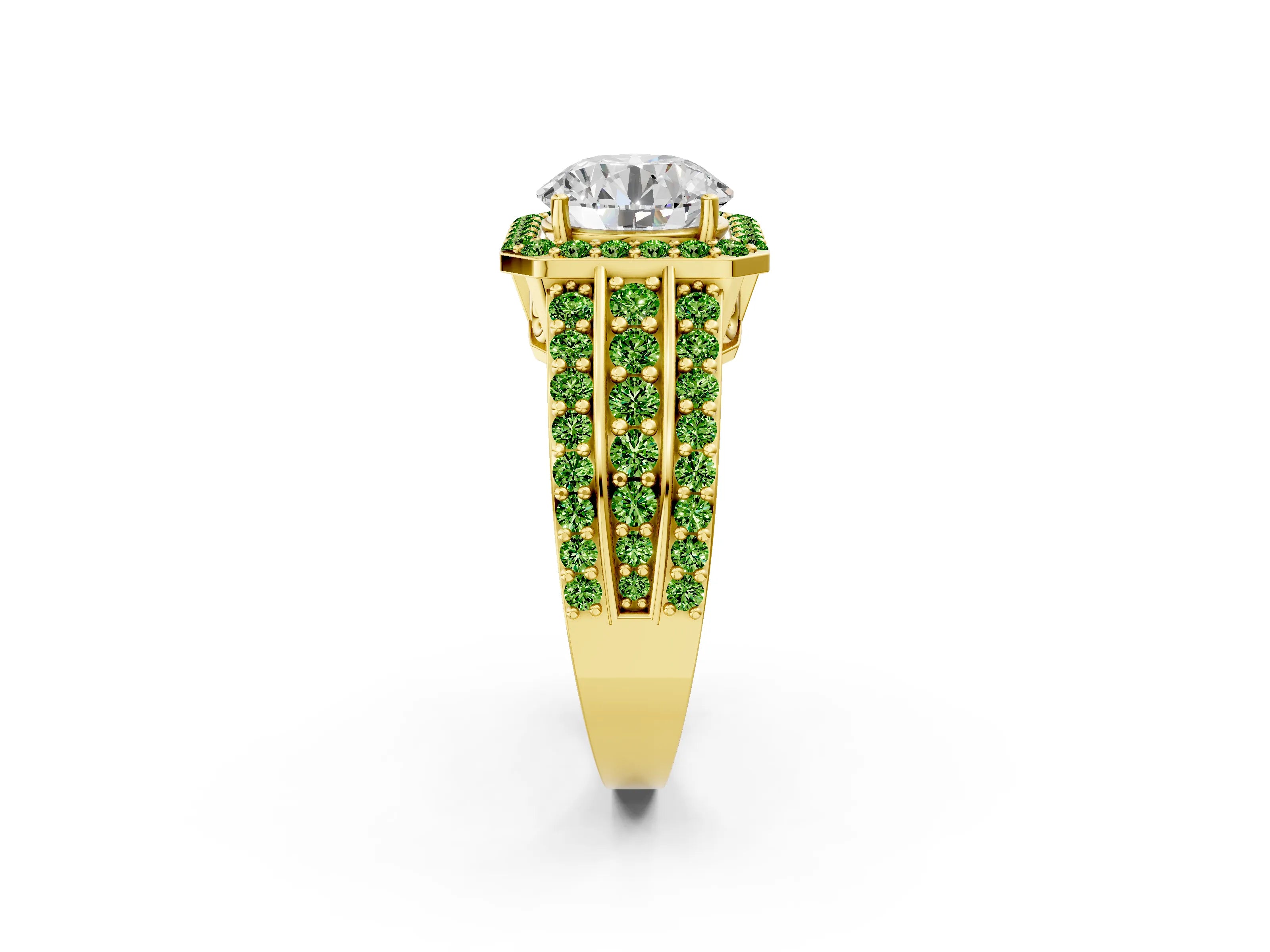 Yellow gold Round Cut Halo Diamond Ring with Round with Peridot side stone Split Shank and Prong Setting_2