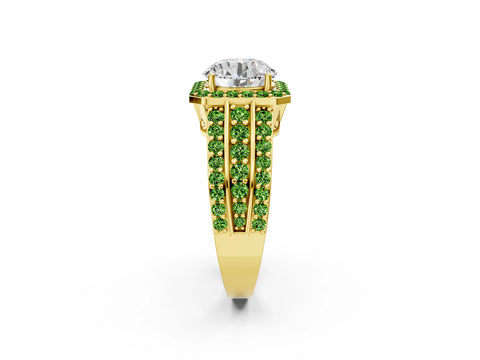 Yellow gold Round Cut Halo Diamond Ring with Round with Peridot side stone Split Shank and Prong Setting_2