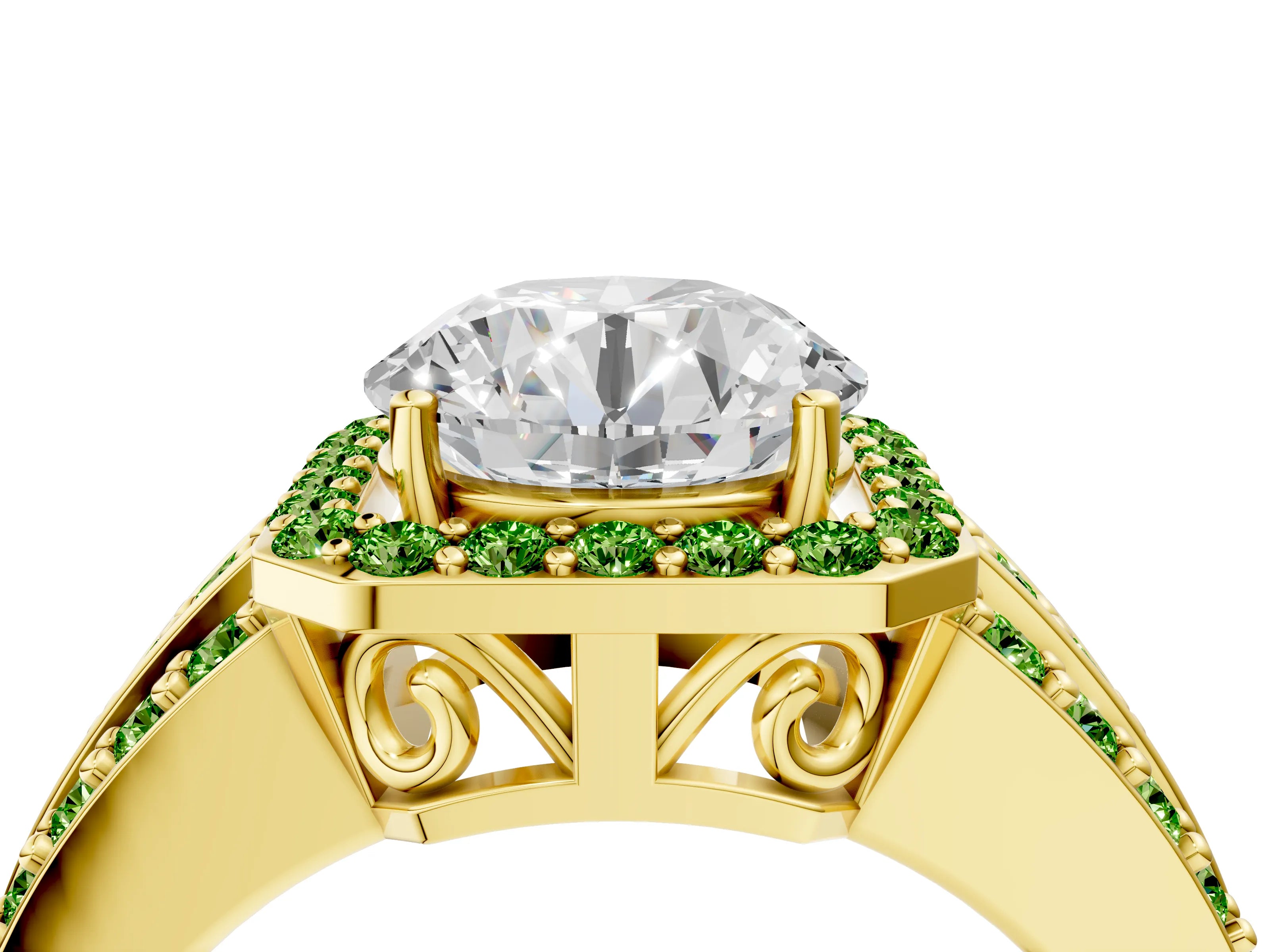 Yellow gold Round Cut Halo Diamond Ring with Round with Peridot side stone Split Shank and Prong Setting_4
