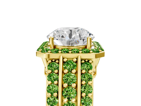 Yellow gold Round Cut Halo Diamond Ring with Round with Peridot side stone Split Shank and Prong Setting_5
