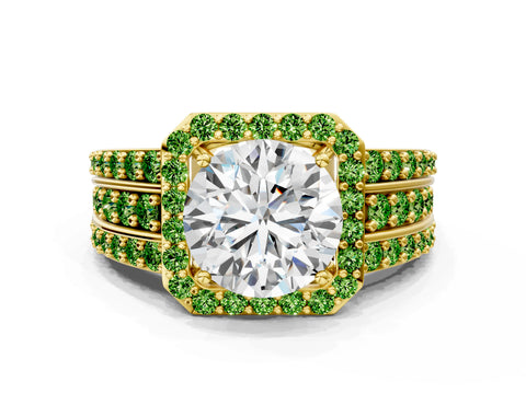 Yellow gold Round Cut Halo Diamond Ring with Round with Peridot side stone Split Shank and Prong Setting