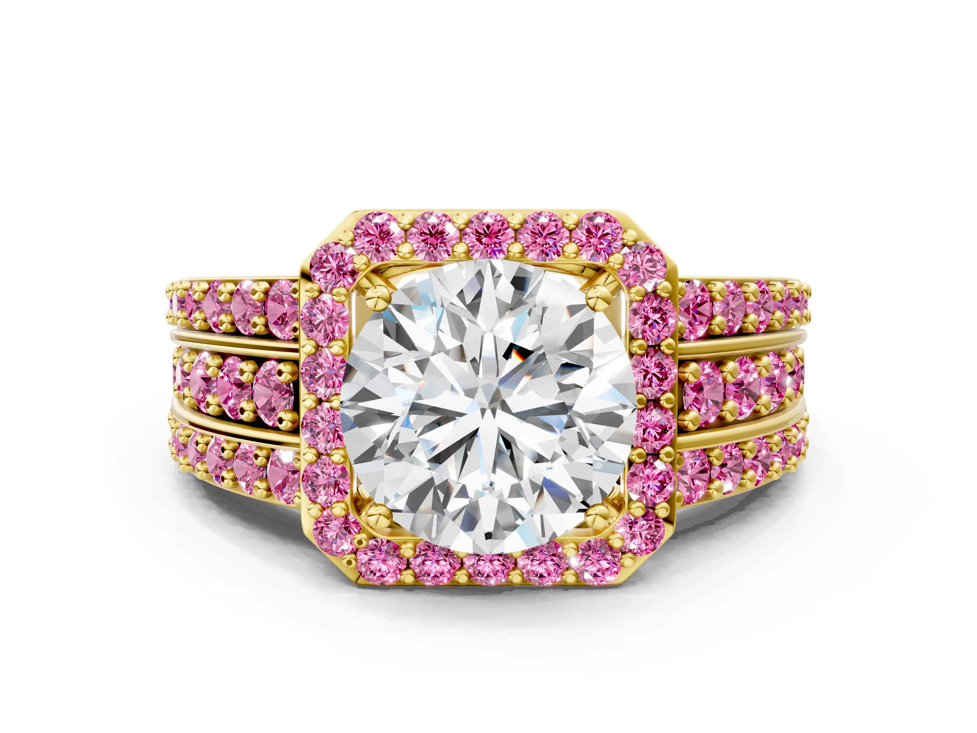Yellow gold Round Cut Halo Diamond Ring with Round with Pink Sapphire side stone Split Shank and Prong Setting