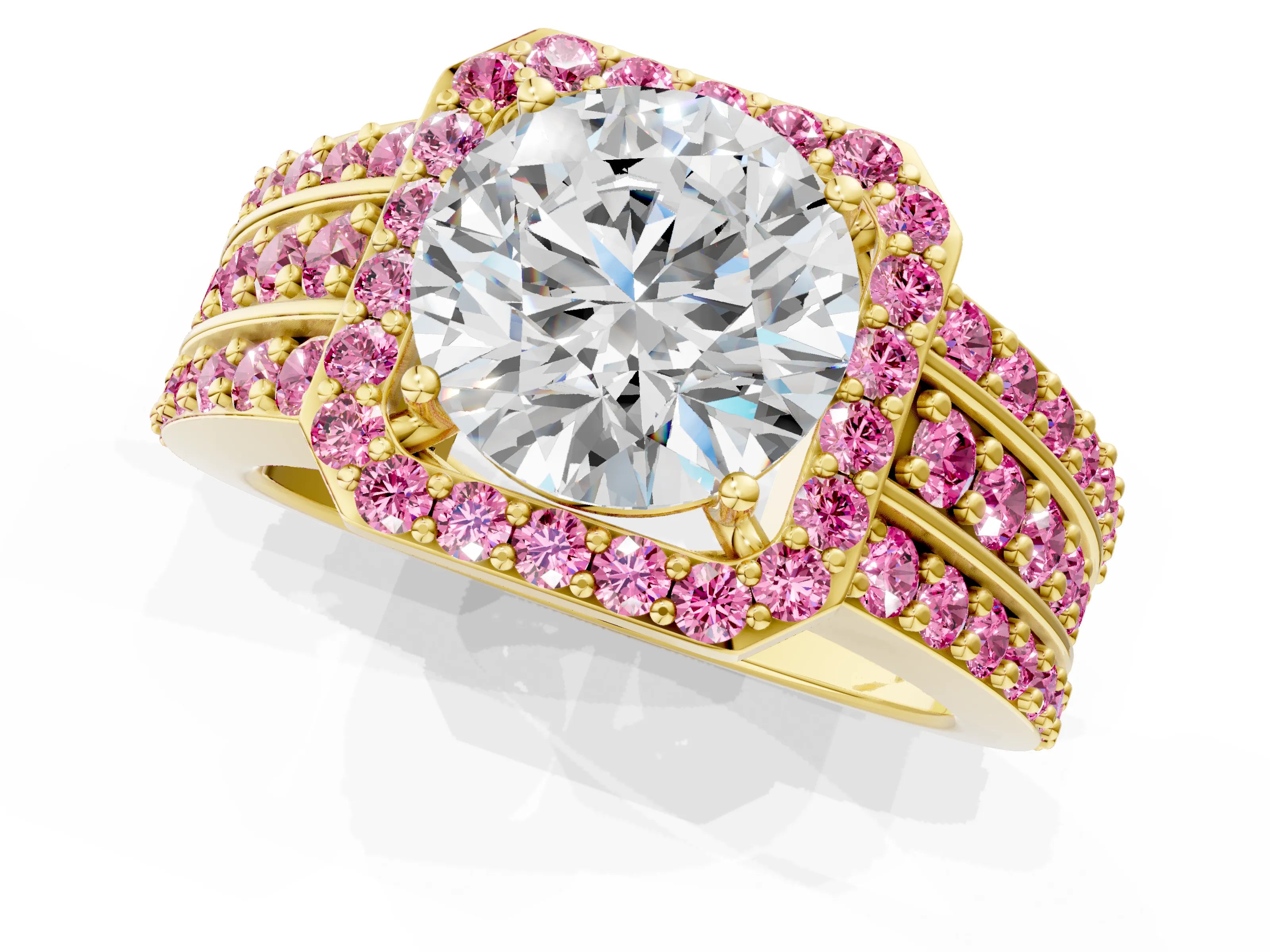 Yellow gold Round Cut Halo Diamond Ring with Round with Pink Sapphire side stone Split Shank and Prong Setting_1