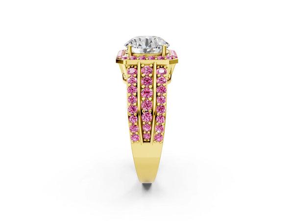 Yellow Gold Round Halo Engagement Ring Setting with Lab-Grown Pink Sapphire Three Row Pave Band