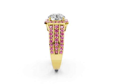 Yellow gold Round Cut Halo Diamond Ring with Round with Pink Sapphire side stone Split Shank and Prong Setting_2