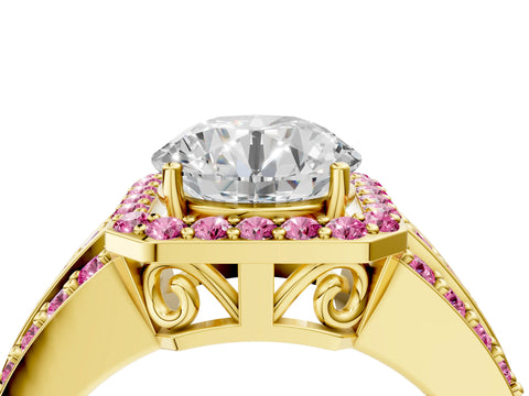 Yellow gold Round Cut Halo Diamond Ring with Round with Pink Sapphire side stone Split Shank and Prong Setting_4