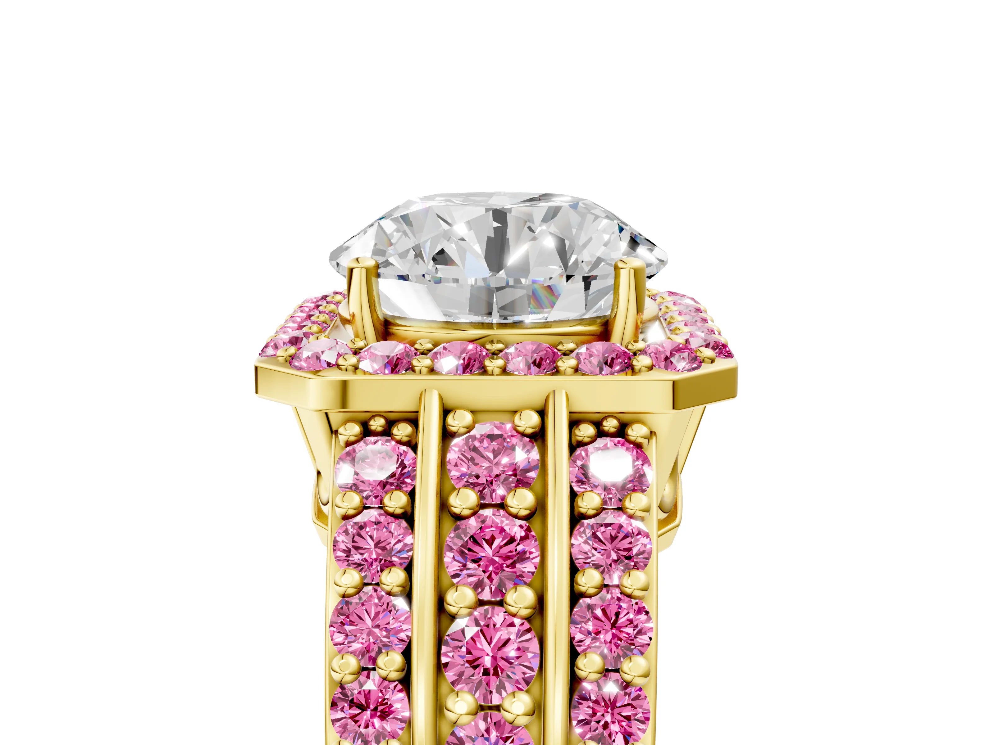 Yellow gold Round Cut Halo Diamond Ring with Round with Pink Sapphire side stone Split Shank and Prong Setting_5