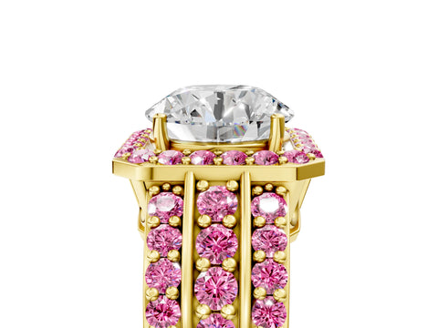 Yellow gold Round Cut Halo Diamond Ring with Round with Pink Sapphire side stone Split Shank and Prong Setting_5