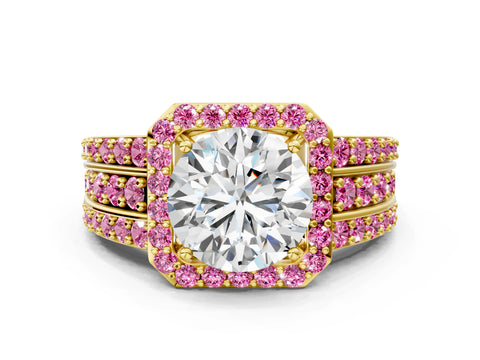 Yellow gold Round Cut Halo Diamond Ring with Round with Pink Sapphire side stone Split Shank and Prong Setting