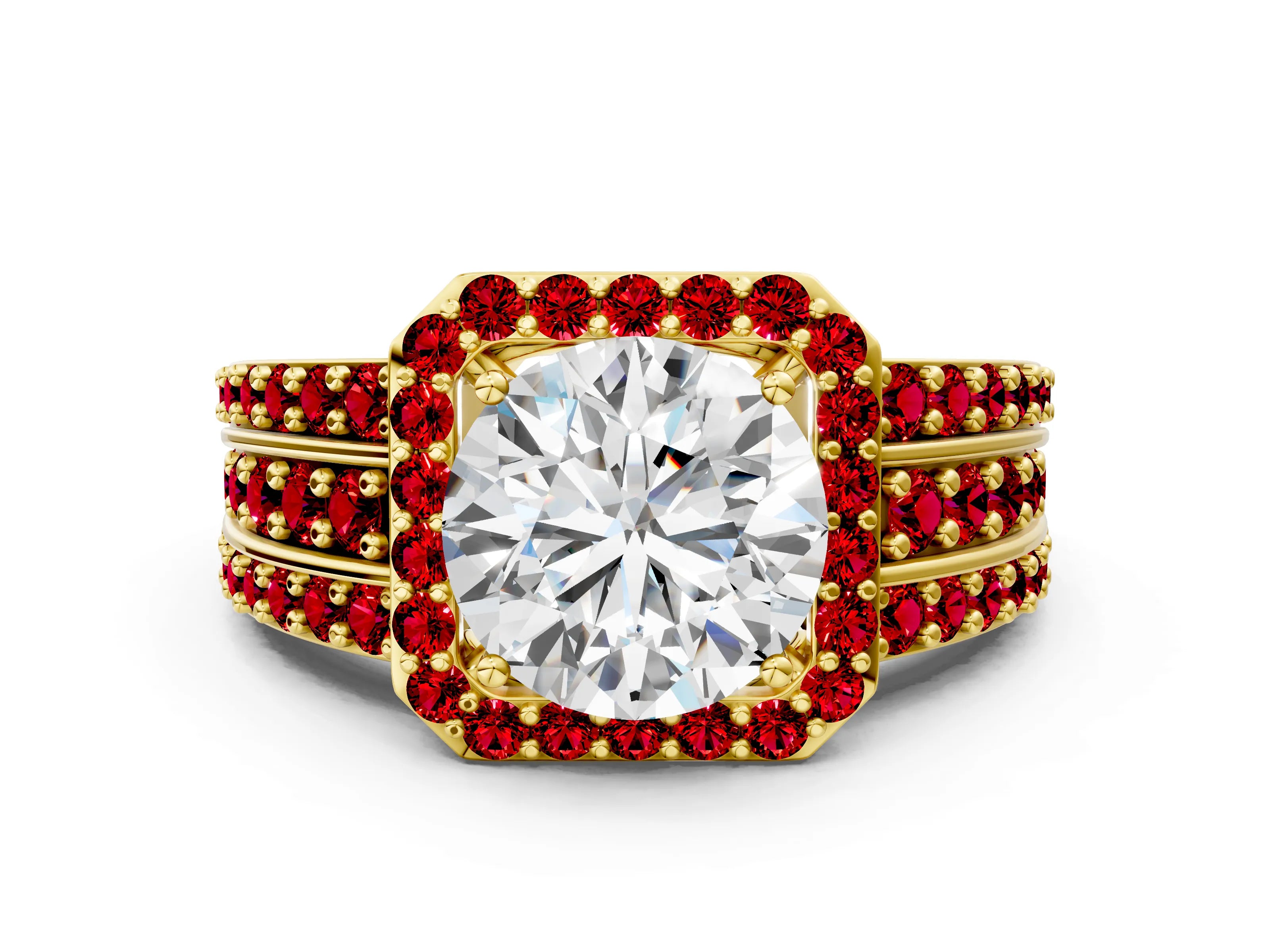 Yellow gold Round Cut Halo Diamond Ring with Round with Ruby side stone Split Shank and Prong Setting
