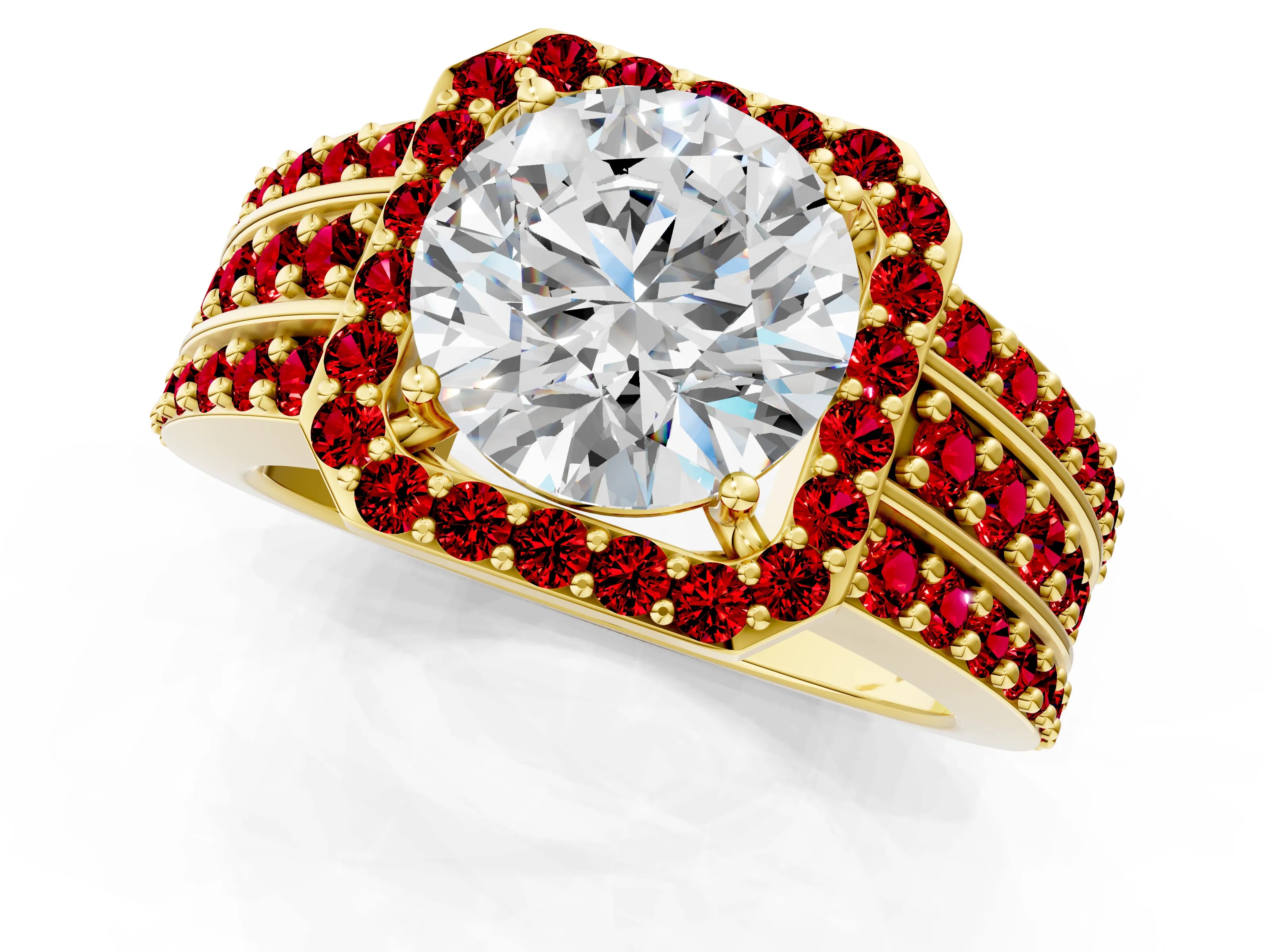 Yellow gold Round Cut Halo Diamond Ring with Round with Ruby side stone Split Shank and Prong Setting_1