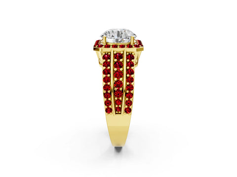 Yellow gold Round Cut Halo Diamond Ring with Round with Ruby side stone Split Shank and Prong Setting_2