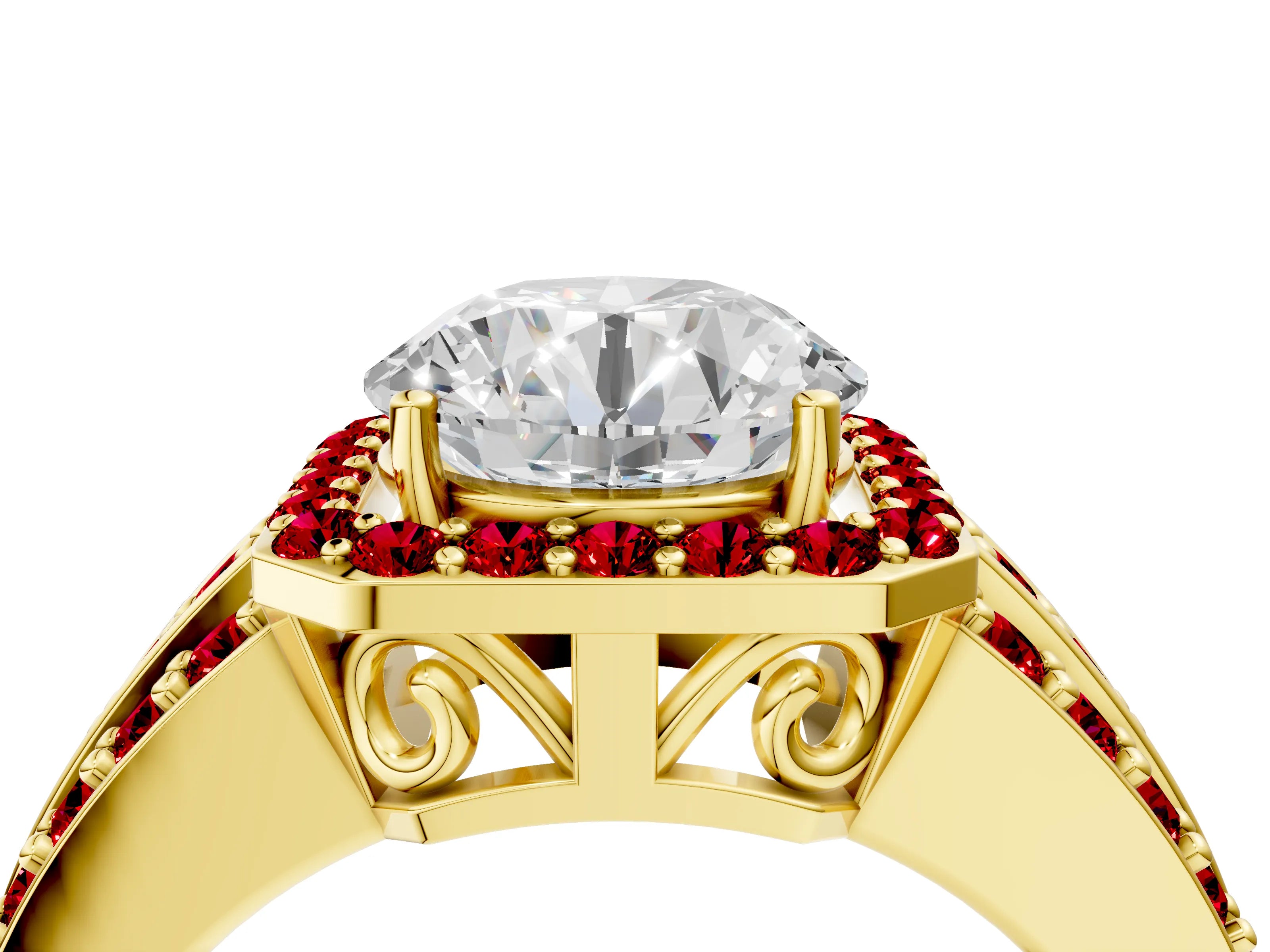 Yellow gold Round Cut Halo Diamond Ring with Round with Ruby side stone Split Shank and Prong Setting_4