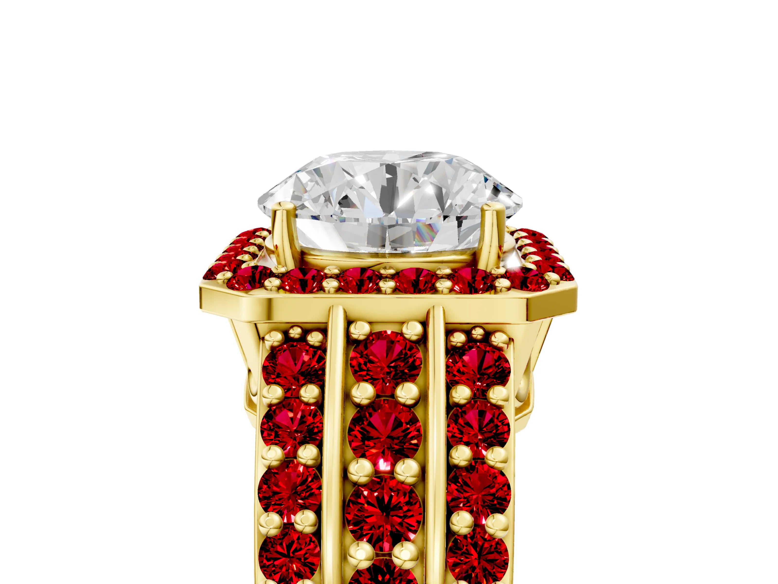 Yellow gold Round Cut Halo Diamond Ring with Round with Ruby side stone Split Shank and Prong Setting_5