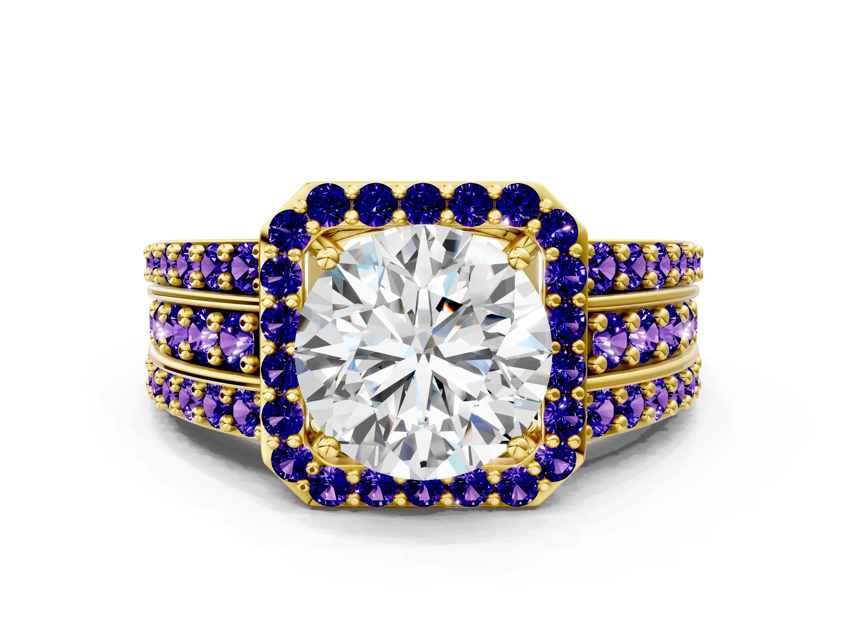 Yellow gold Round Cut Halo Diamond Ring with Round with Tanzanite side stone Split Shank and Prong Setting