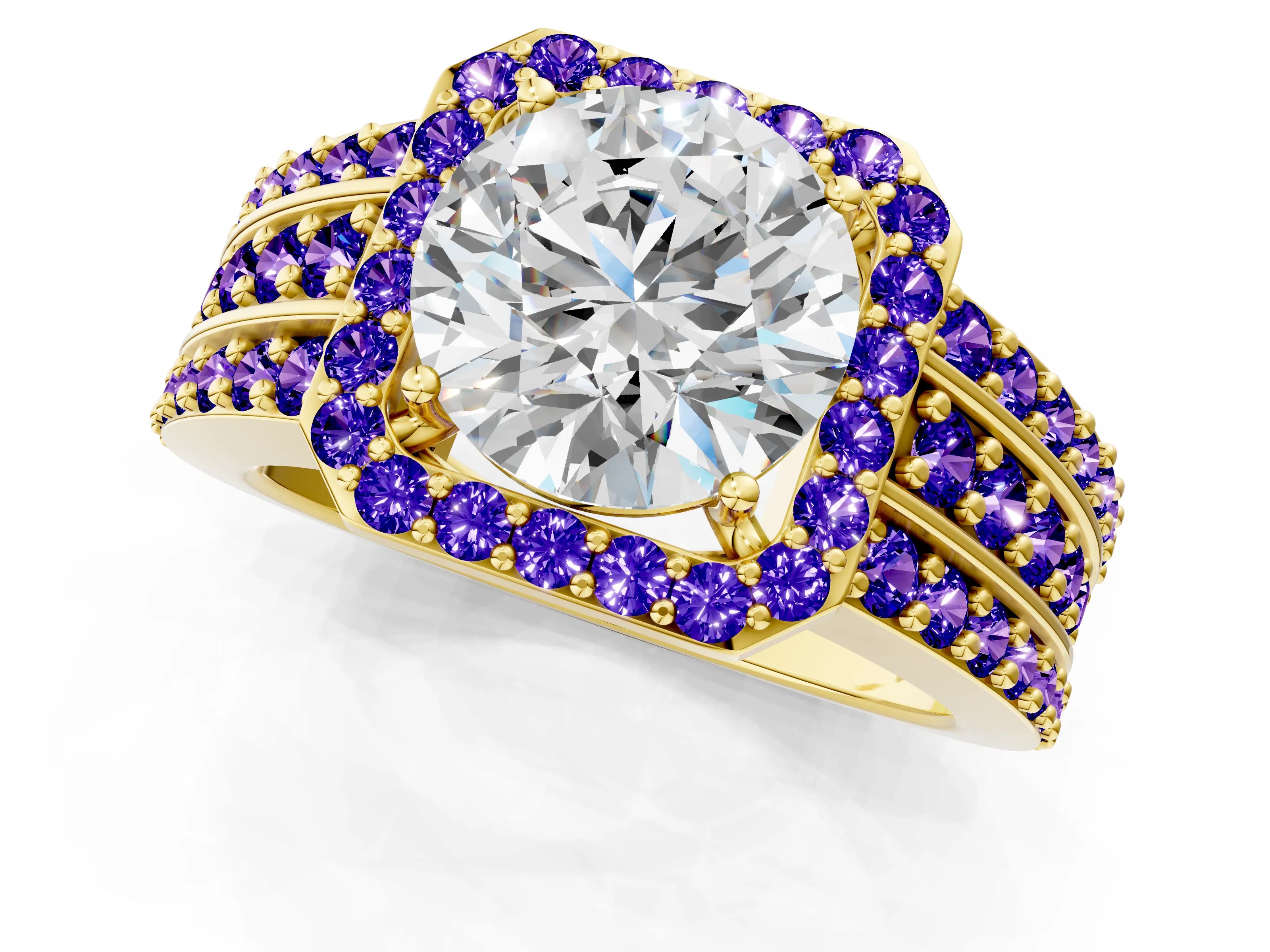 Yellow gold Round Cut Halo Diamond Ring with Round with Tanzanite side stone Split Shank and Prong Setting_1