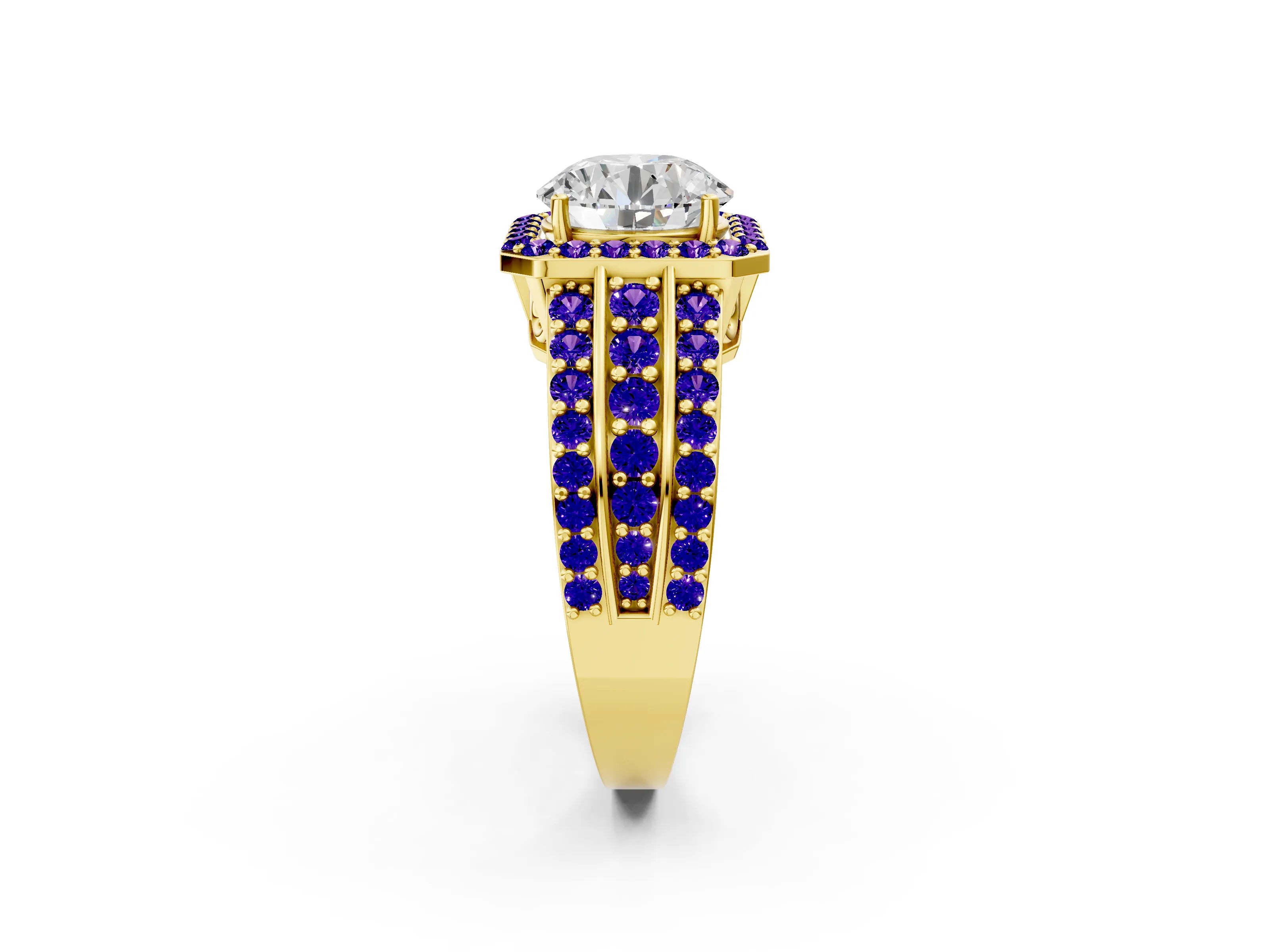 Yellow gold Round Cut Halo Diamond Ring with Round with Tanzanite side stone Split Shank and Prong Setting_2
