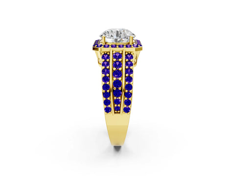 Yellow gold Round Cut Halo Diamond Ring with Round with Tanzanite side stone Split Shank and Prong Setting_2