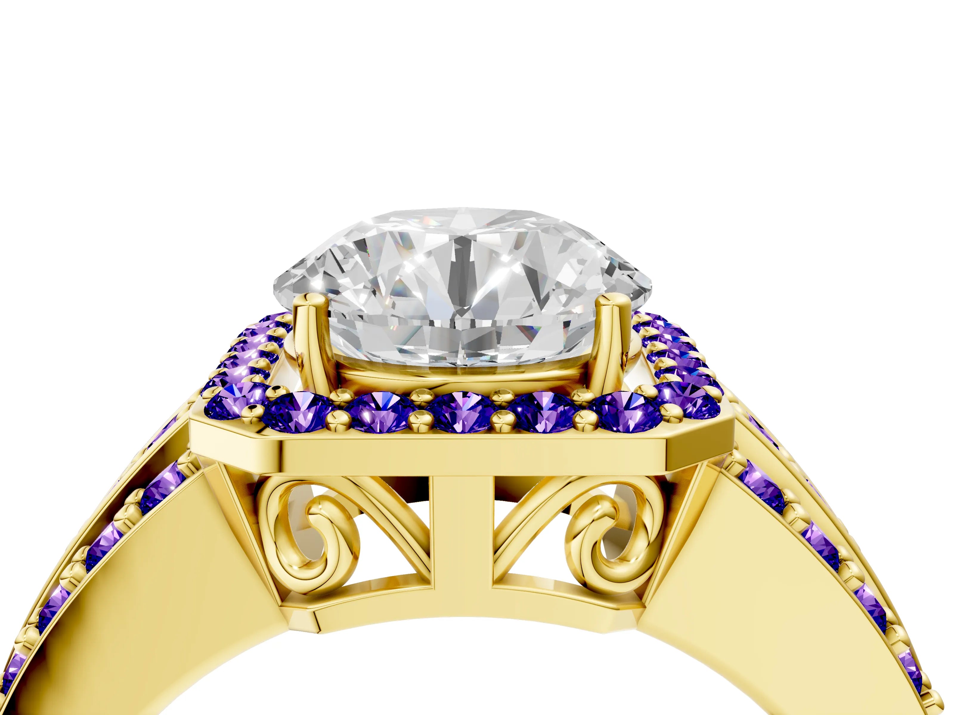 Yellow gold Round Cut Halo Diamond Ring with Round with Tanzanite side stone Split Shank and Prong Setting_4