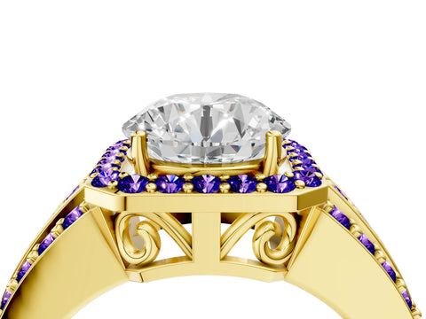 Yellow gold Round Cut Halo Diamond Ring with Round with Tanzanite side stone Split Shank and Prong Setting_4
