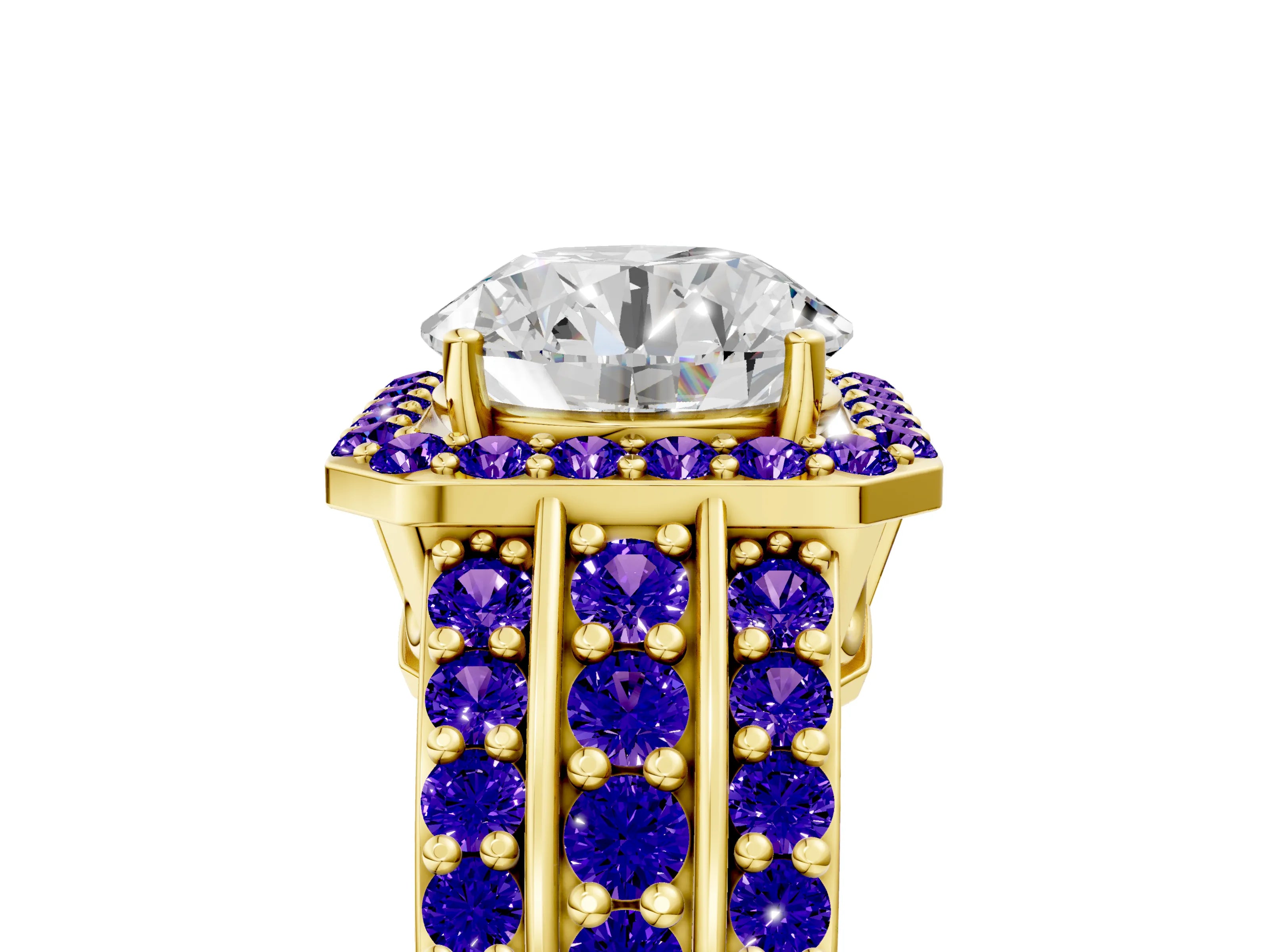 Yellow gold Round Cut Halo Diamond Ring with Round with Tanzanite side stone Split Shank and Prong Setting_5