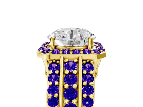 Yellow gold Round Cut Halo Diamond Ring with Round with Tanzanite side stone Split Shank and Prong Setting_5
