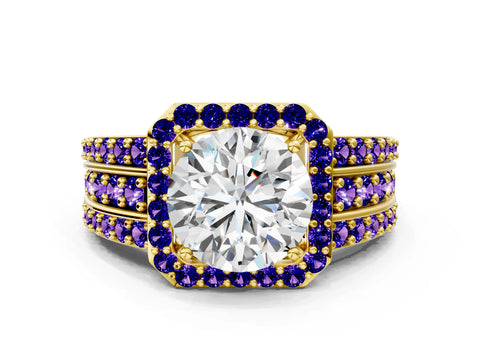 Yellow gold Round Cut Halo Diamond Ring with Round with Tanzanite side stone Split Shank and Prong Setting