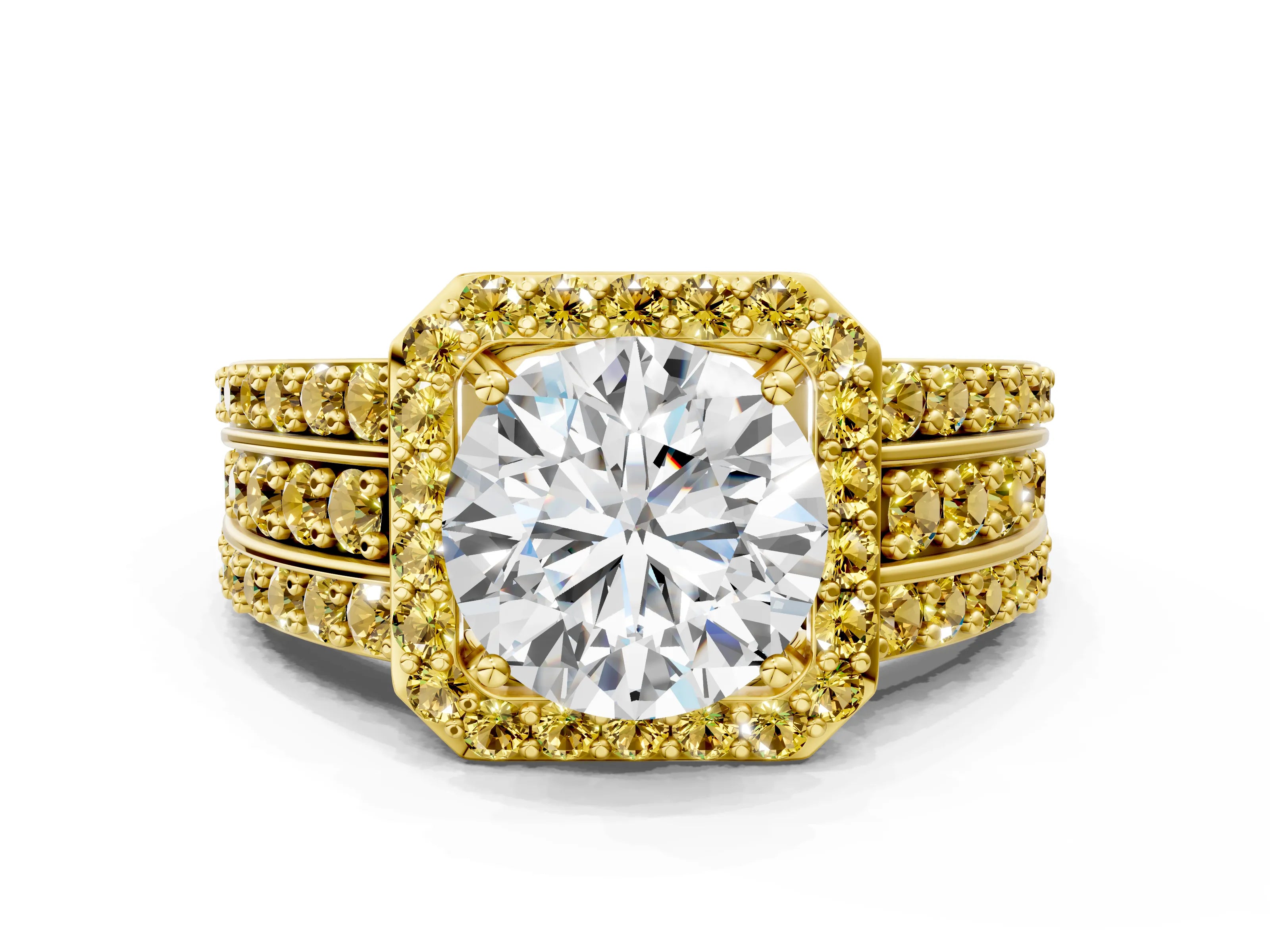 Yellow gold Round Cut Halo Diamond Ring with Round with Yellow Sapphire side stone Split Shank and Prong Setting