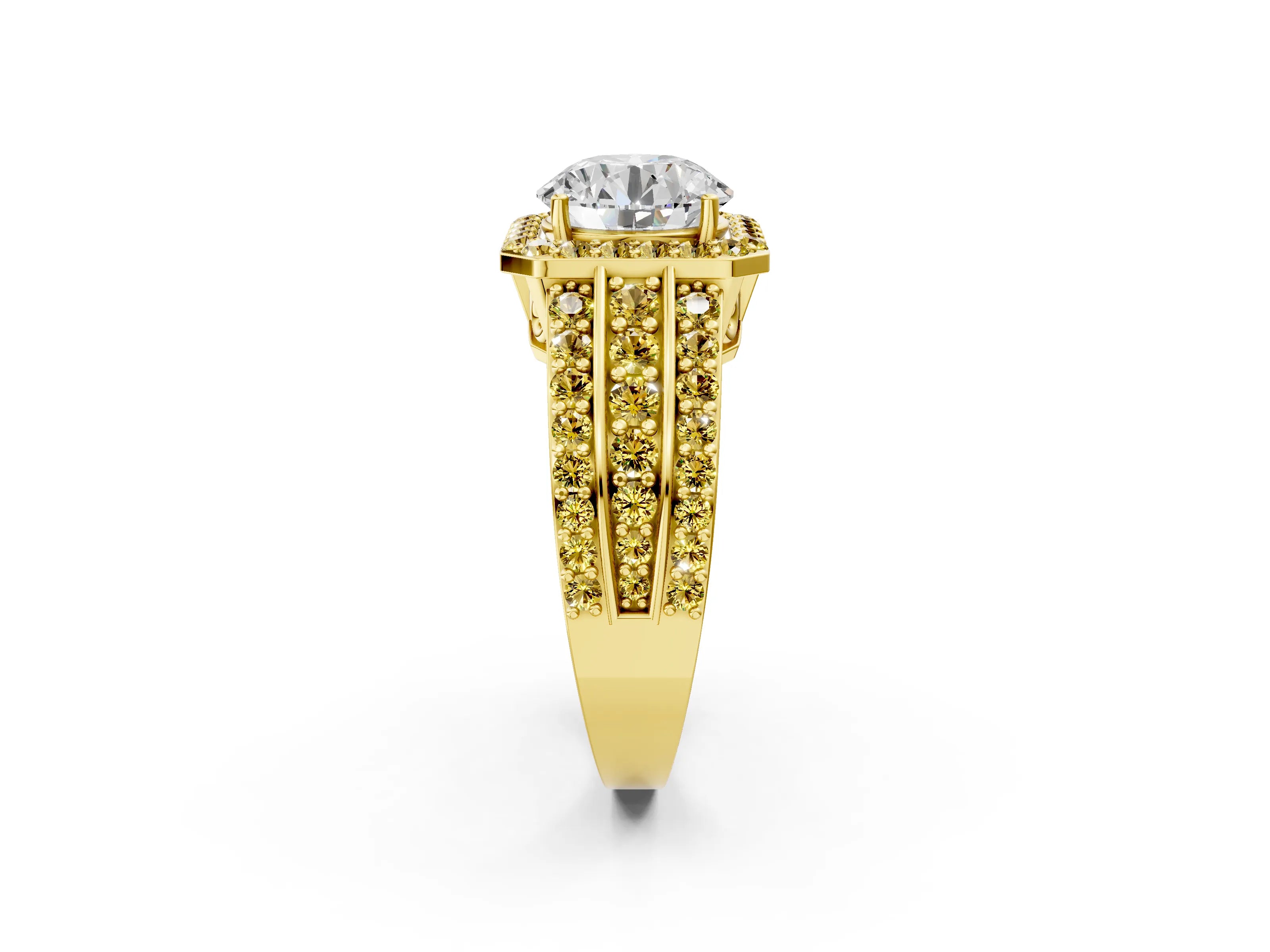 Yellow gold Round Cut Halo Diamond Ring with Round with Yellow Sapphire side stone Split Shank and Prong Setting_2