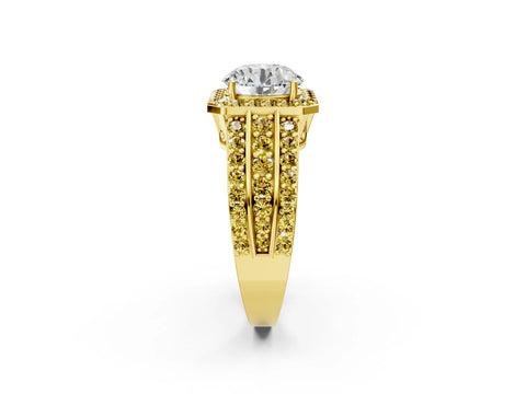 Yellow gold Round Cut Halo Diamond Ring with Round with Yellow Sapphire side stone Split Shank and Prong Setting_2