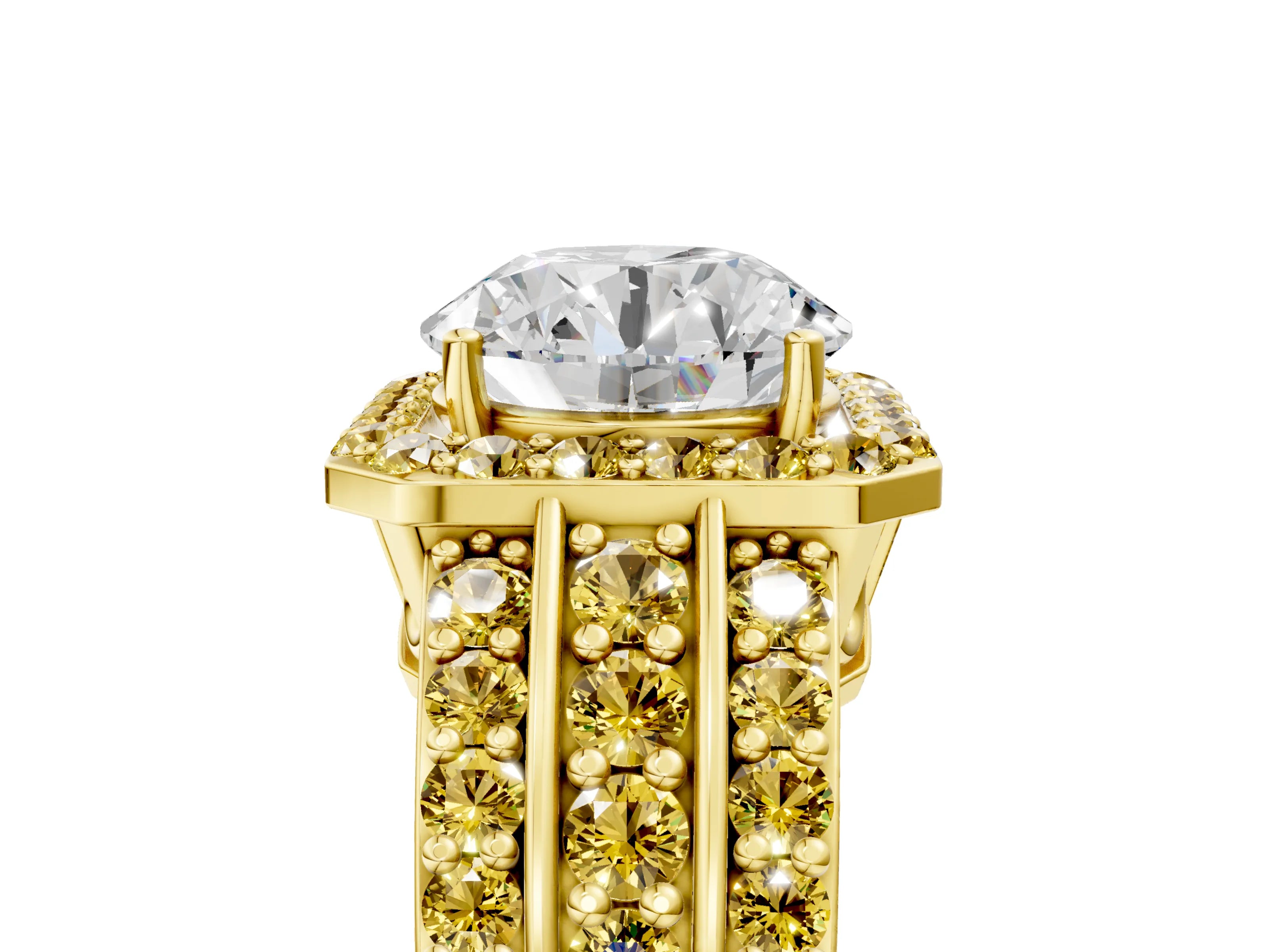 Yellow gold Round Cut Halo Diamond Ring with Round with Yellow Sapphire side stone Split Shank and Prong Setting_5