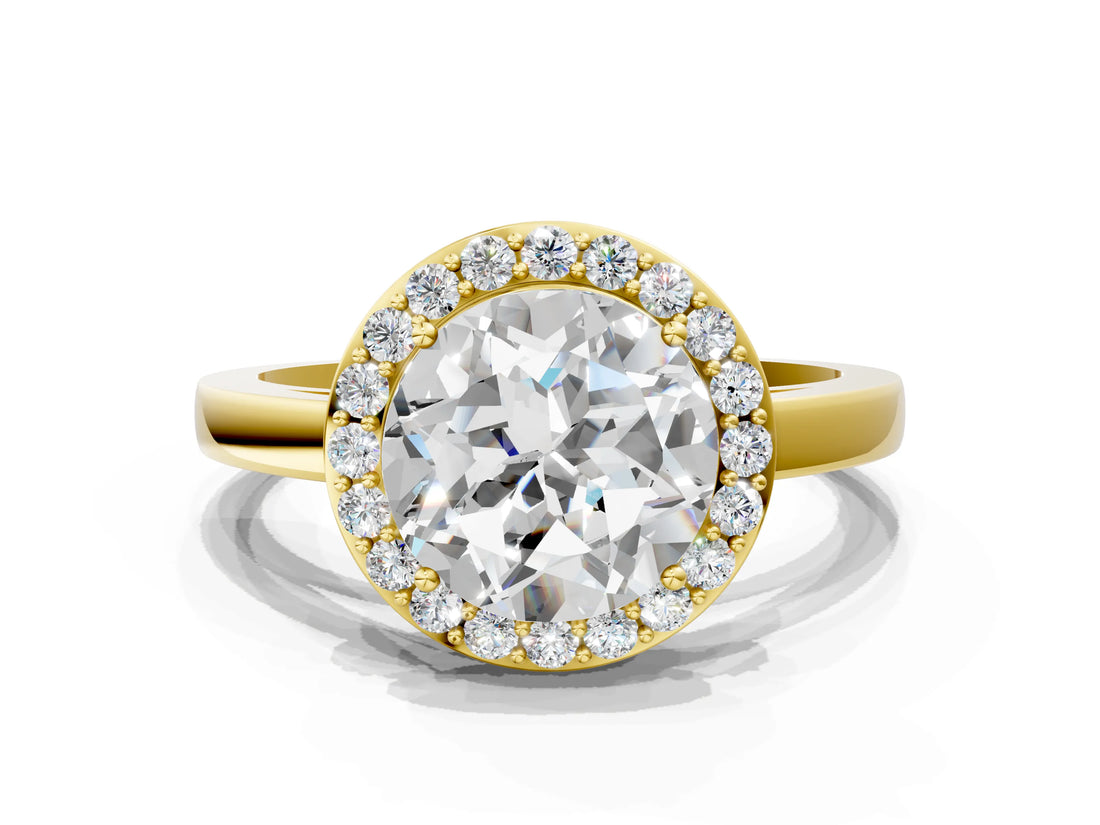 Yellow gold Round Cut Halo Diamond Ring with Solitaire Band and Prong Setting_13