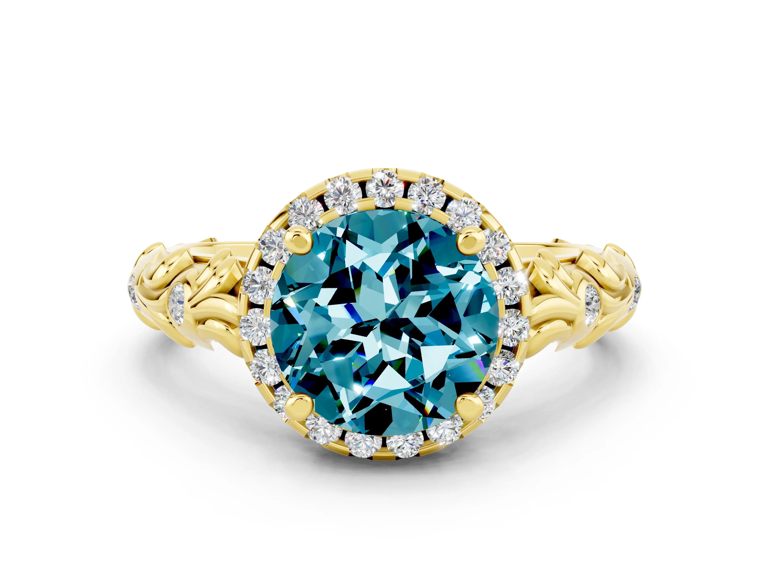 Yellow gold Round Cut Halo Diamond Solitaire with Filigree Band and Four-Prong Setting