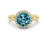 Yellow gold Round Cut Halo Diamond Solitaire with Filigree Band and Four-Prong Setting