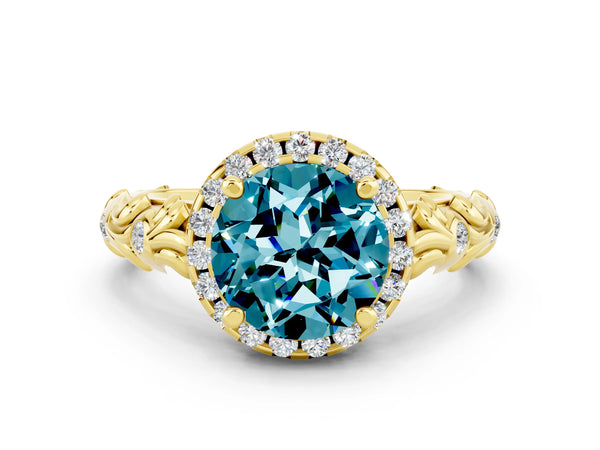 Yellow gold Round Cut Halo Diamond Solitaire with Filigree Band and Four-Prong Setting