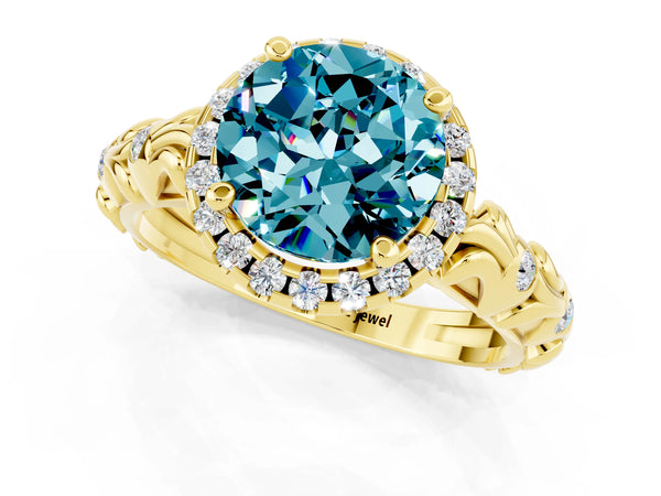 Yellow gold Round Cut Halo Diamond Solitaire with Filigree Band and Four-Prong Setting