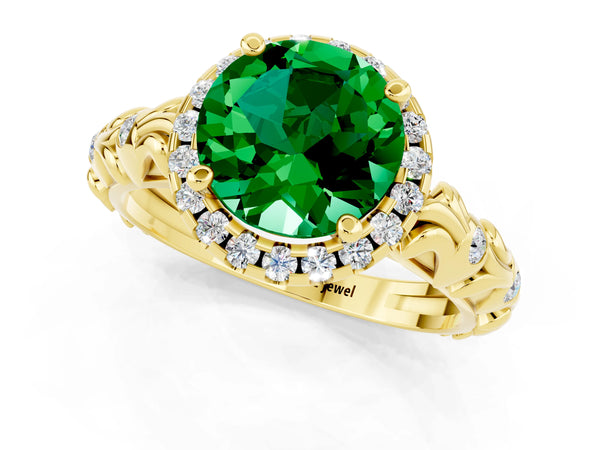 Yellow gold Round Cut Emerald Halo Ring with Filigree Band and Prong Setting