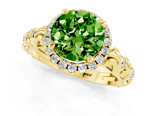 Yellow gold Round Cut Peridot Halo Ring with Filigree Band and Prong Setting