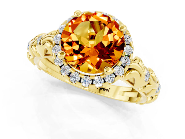 Yellow gold Round Cut Citrine Halo Ring with Filigree Band and Prong Setting