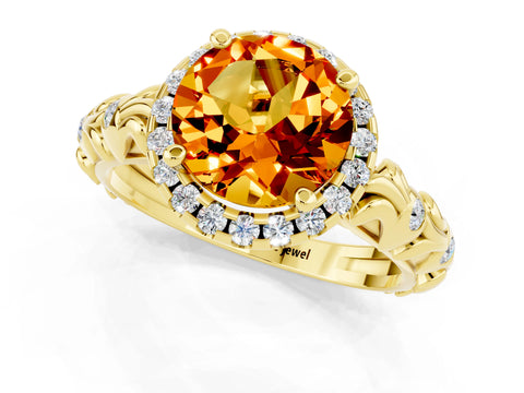 Yellow gold Round Cut Halo Diamond Solitaire with Filigree Band and Four-Prong Setting_1