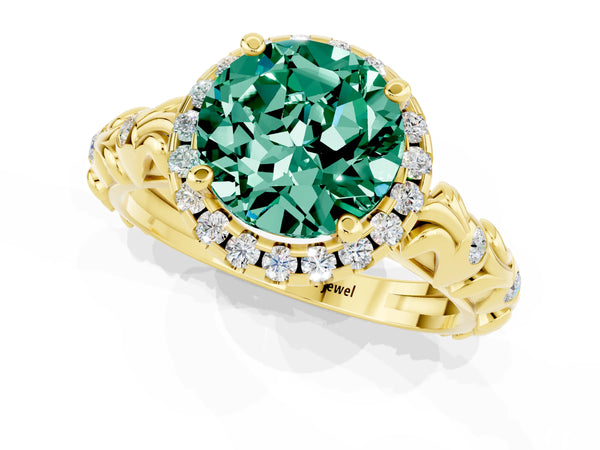 Yellow gold Round Cut Green Sapphire Halo Ring with Filigree Band and Prong Setting