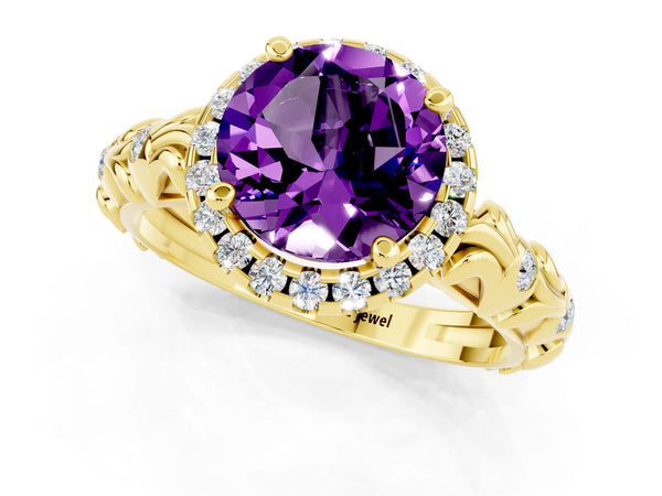 Yellow gold Round Cut Amethyst Halo Ring with Filigree Band and Prong Setting