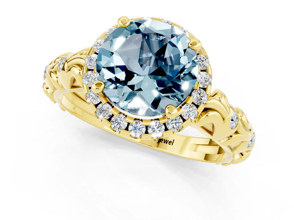 Yellow gold Round Cut Aquamarine Halo Ring with Filigree Band and Prong Setting