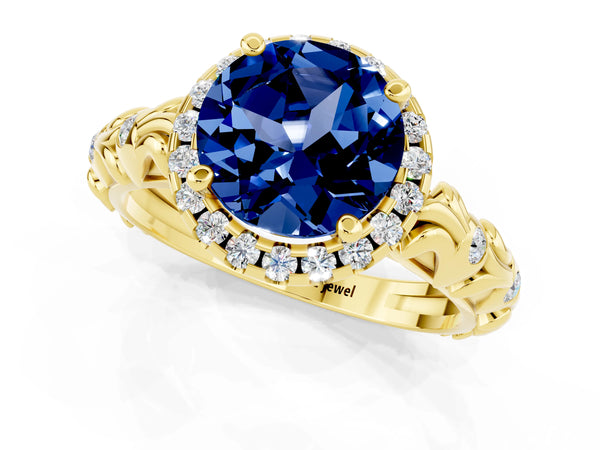 Yellow gold Round Cut Blue Sapphire Halo Ring with Filigree Band and Prong Setting